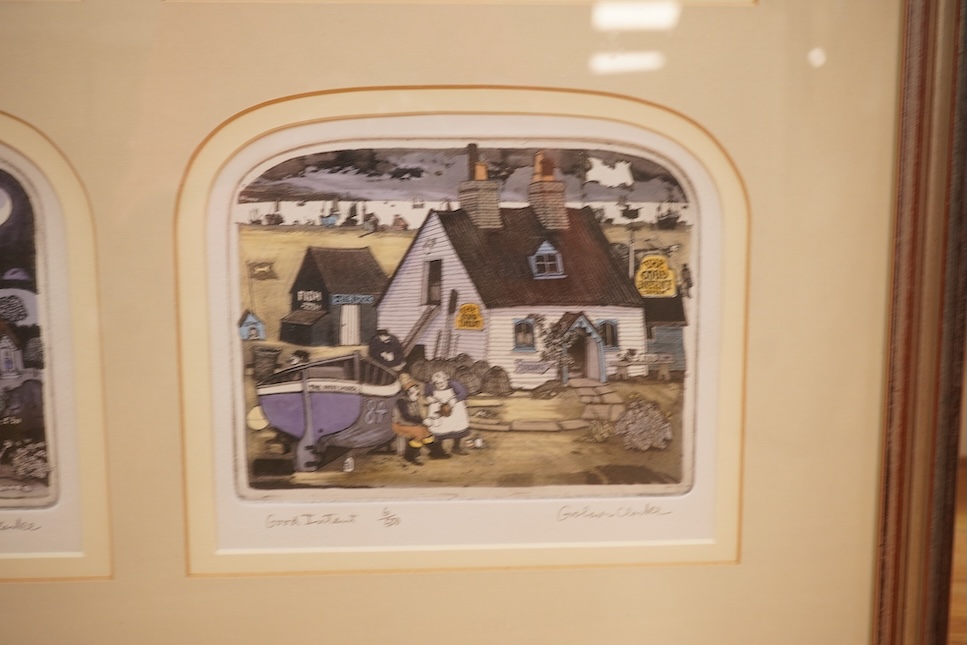 Graham Clarke (b.1941), set of four etchings with aquatint, comprising 'Drakes', 'Rifleman', 'Gardeners' and 'Good intent', each signed in pencil, each limited edition 6/500, sheet uncut, 54 x 60cm overall